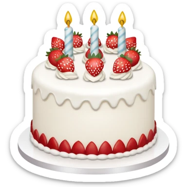 white cake with strawberries and a Happy Birthday cake topper sticker