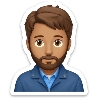 Avatar of a bearded man with wavy brown hair, wearing a brown jacket over a blue shirt, on a light blue background. sticker