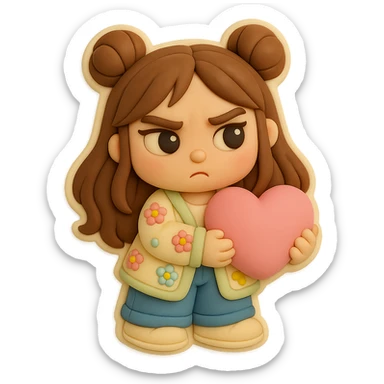 3D chibi fondant cake art style, high-quality rendering with smooth shadows and soft gradients. Girl based on reference image preserving facial features and eye shape exactly as in the reference. Long brown hair in two space buns, brown eyes, jeans, pastel floral cardigan, shoes. Thick white outline like a sticker, transparent background. Holding a big soft pink heart in her hands. Ensure the face, hairstyle, eye shape, and shoes match the reference exactly. sticker