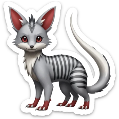 Minccino-Lykoi-Linoone-Zangoose-fusion-hybrid-animal-Fakémon-creature, full body, thin long sleek scaly tail, intricate markings sticker