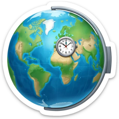 Earth globe with analog clock in corner, timezone symbol, iOS emoji style sticker