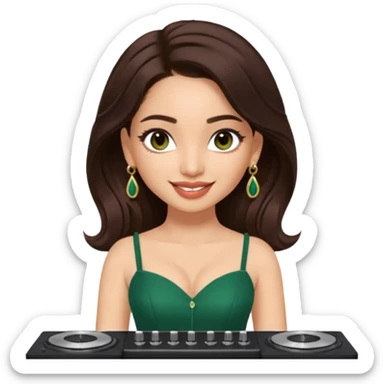 pretty bratz genmoji that looks like tamannah bhatia (bollywood actress), wearing a dark green sweetheart neckline top, dark brown hair, light makeup, no necklace, dangly earrings, side hair part, dark brown eyes, djing sticker