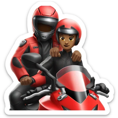 Two people wearing black helmet in a red ducati 1098 motorcycle  sticker