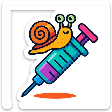 a playful syringe with a snail crawling on it, vibrant toon style, fun and colorful sticker
