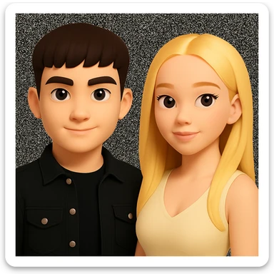 Slightly increase the volume of the upper body of the girl, separate the girl and the boy from each other, make the skin color the same for both characters, while preserving the cartoonish 3D style as shown in the reference image. sticker