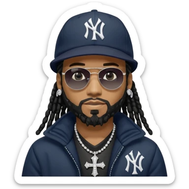African American man with shoulder length black dreadlocks with black beard wearing black sunglasses wearing a New York Yankees logo baseball cap wearing a black bubble winter coat wearing a diamond grill in mouth with diamond cross necklace on his neck sticker