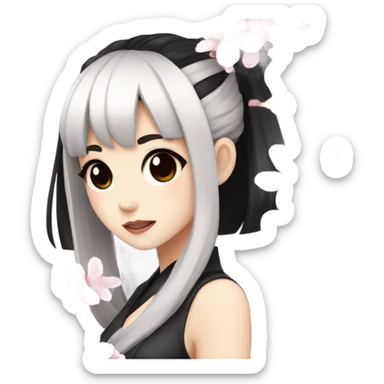 Anime girl with black hair holding a cherry blossom and black eyes sticker