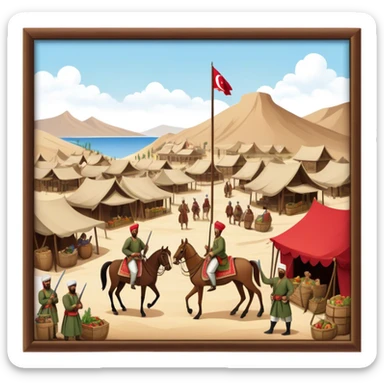 Early Ottoman settlement being built. Wooden houses, tents, and a small market. People in traditional Ottoman clothes, soldiers on horseback, and a flag waving sticker