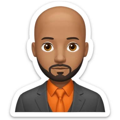 headshot of a sophisticated, stylish, bald head, small eyes Caribbean black man with a beard and goatee in a dark gray suit and orange shirt sticker