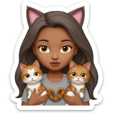 a pretty bratz dusky girl with long brown hair with six cats nd wearing a grey tshirt sticker