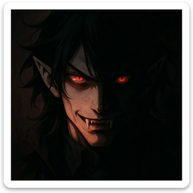 anime vampire face, glowing red eyes, half of face in darkness, sinister look sticker