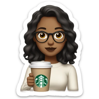 Tan girl with black wavy hair, dark brown eyes full lips holding a cup of Starbucks wearing a white sweater with glasses sticker