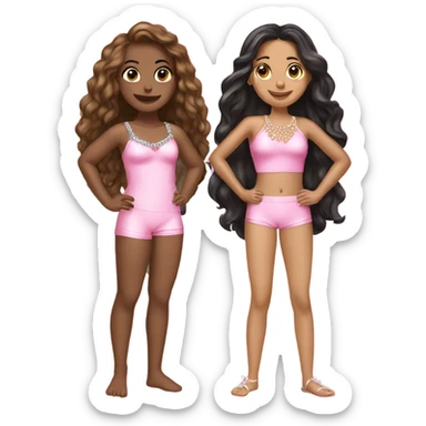 two teenage Latina best friends wearing pink. Long hair. Pink bows. Pearls. Light pink. Diamonds outfits. Two piece swimsuit sticker