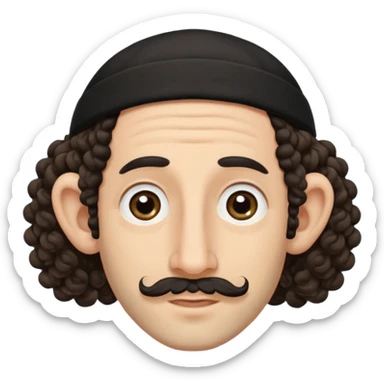 jewish jew man's face, wearing a tiny black kippah and 2 curly long hair strands near the ears, big nose, only face, no body, no mustache sticker