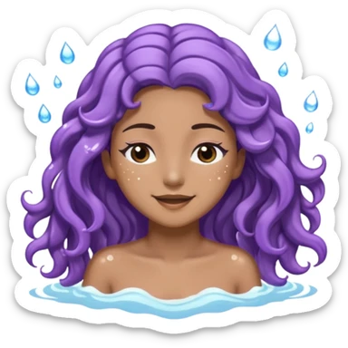 Sticker 3D joven de piel morena clara, ojos marrón oscuro y pestañas largas. Cabello castaño ondulado extralargo hasta la mitad de los glúteos. Viste DE lavanda. con abundante espuma  sobre su cabeza y manos en el pelo, ojos cerrados, expresión feliz. Render con destellos de agua. sticker