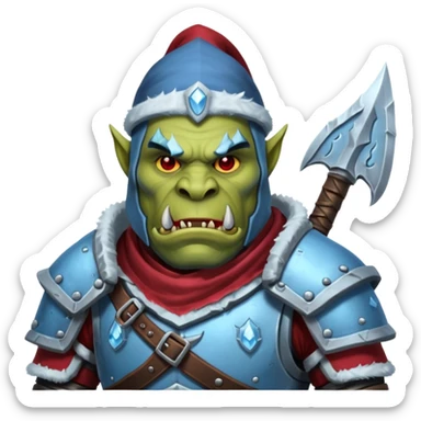 
Fantasy Christmas orc legion soldier icon, iron tundra army theme, heavy winter armor, disciplined brutal look, icy blue steel armor with deep crimson accents, frozen metal texture, cold winter atmosphere, clean readable emoji style
 sticker