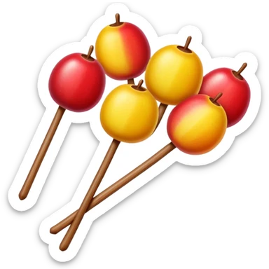 Tanghulu candied hawthorn fruits on wooden stick, simplified emoji style with bold outlines and bright colors, cartoon style shiny sugar coated Chinese street snack sticker