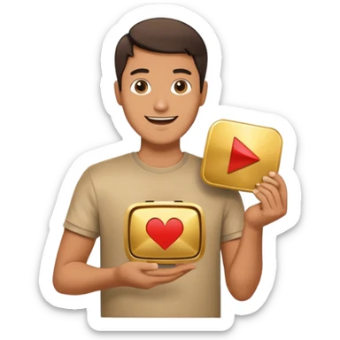 a happy man holding youtube golden play button sticker