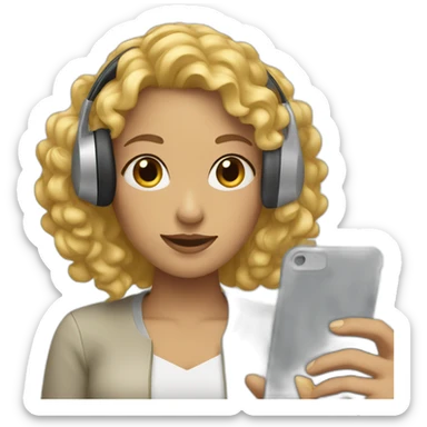 A woman with blond and curly hair and wearing headphones and a phone sticker