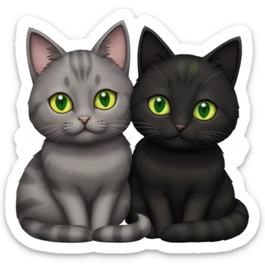 1 grey cat with green eyes and 1 black with yellow/green eyes cat cuddling sticker