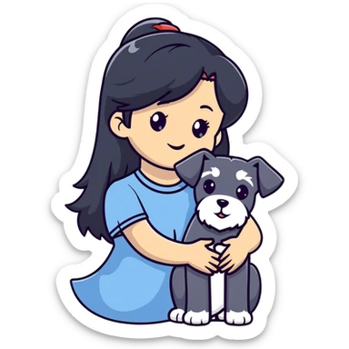 girl with long black hair holding a Schnauzer dog sticker