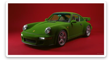 Medium shot of a porsche 911 made of green grass, red solid studio background, low keu light, top soft light, dutch angle,  captured by arri alexa sticker