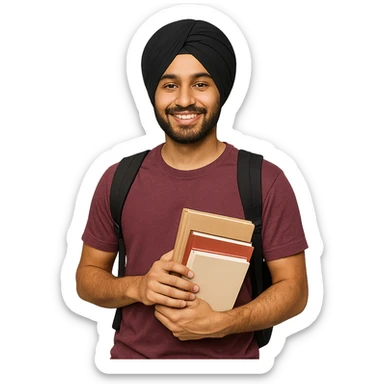 university sikh boy wearing a turban and casual student outfit, holding books, friendly expression sticker