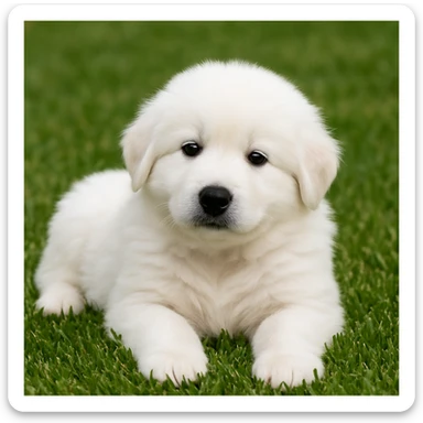 an adorable Great Pyrenees puppy lying on grass, pure white fluffy coat, dark eyes and nose, very young with a sweet innocent puppy face, relaxed position on a well-maintained lawn, the puppy is nodding sticker