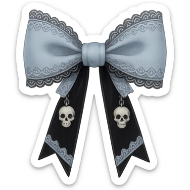 Create a pastel blue gothic bow with lace details, soft blue accents, tiny skull charms, and black velvet ribbons. The image should have no background and be in a general style. sticker