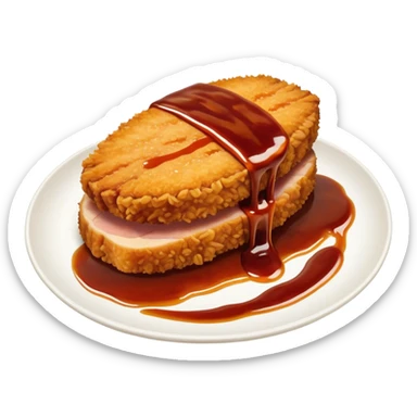 Tonkatsu Cinematic Realistic Tonkatsu Dish Emoji, depicted as a golden, crispy pork cutlet drizzled with tangy BBQ sauce, rendered with detailed textures and dynamic, appetizing lighting. sticker
