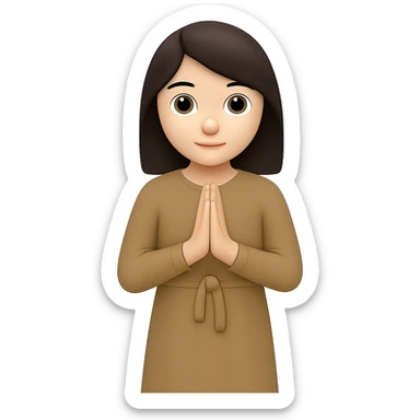 Create another variation of a woman standing and praying from the front view, wearing a long tan dress, with dark brown hair, in the style of emoji. Remove the background. sticker