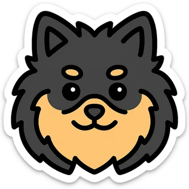fluffy black and tan Pomeranian dog face, large round eyes, black button nose, tan muzzle, tan eyebrow spots, thick fluffy fur, upright tousled ears, friendly and cute sticker