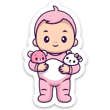 adorable baby in pastel pink outfit with pink teddy bear sticker