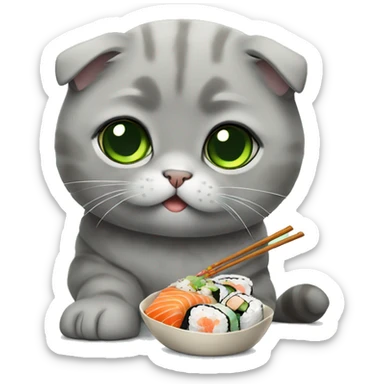 gray scottish fold with green eyes eating sushi sticker