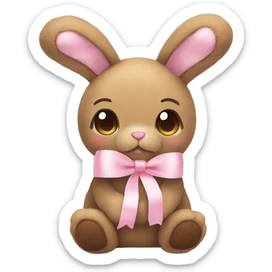 Pastel brown stuffed bunny plushie with pastel pink ribbon on one of the bunnies ears sticker