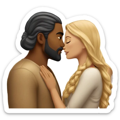 blonde woman with indian man that has a beard and long hair, romantic kiss under tree sticker