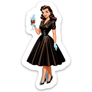 Beautiful woman in 1950’s woman fashion look, black shimmery dress, long dark brown hair, whisky with ice sticker
