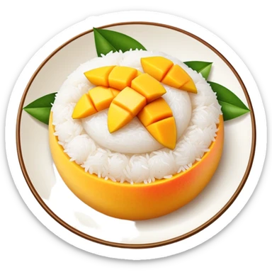 cinematic-realistic-mango-sticky-rice-dessert-emoji,-showcasing-sweet-sticky-rice out of a mould-paired-with-ripe-mango-slices-and-coconut-milk-rendered-with-lifelike-detail-and-warm,-inviting-lighting with the coconut  milk over the rice sticker