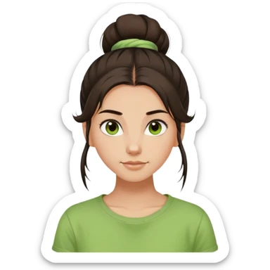 a girl with long dark brown hair with one high disheveled bun in light green t-shirt, a slight smile, dark brown eyes sticker