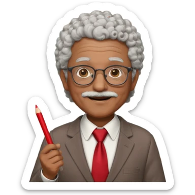 old man teacher, brown skin, curly grey white hai, wearing glasses, brown suit, red tie hold chalk on hand sticker