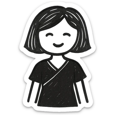a girl with bob cut brown hair, white skin, wearing a black Indian dress, in a hand-drawn style sticker
