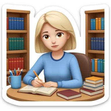 3D emoji style sticker, young woman, white background, sitting at a table with books and a notebook, calmly studying, thoughtful and slightly serious expression, slow focused learning mood, casual outfit, soft lighting, minimalistic, clean astrology emoji style sticker