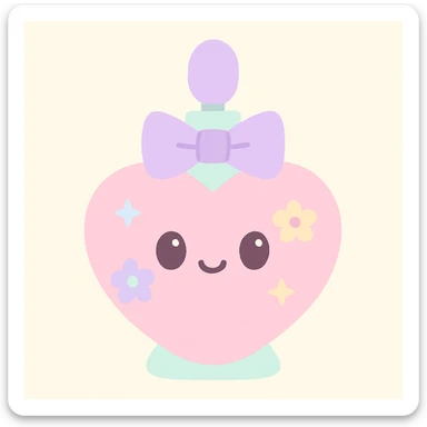 a stylized perfume bottle shaped like a heart, with a bow and floral decorations, radiating a lovely, girly vibe sticker