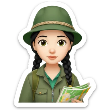 A braid black hair backpacking woman checking her map with curious eyes while walking in the woods with camping hat full body sticker