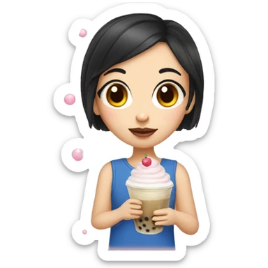 girl with short dark hair with bubble tea and cake sticker