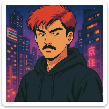 Asian man with black mustache, red hair, black hoodie, in retro-futuristic 80's anime style, city lights background sticker