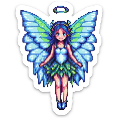 pixel art fairy with translucent wings, whimsical sticker