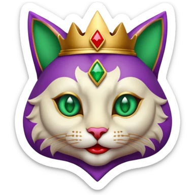 crazy colorful cute little cat jolly joker from poker, medieval, vintage, court jester, mac os icon, purple, gold and red color, half body, emerald green ice eyes, golden earrings. Squared shape as 3D mac os icon, symmetrical sticker