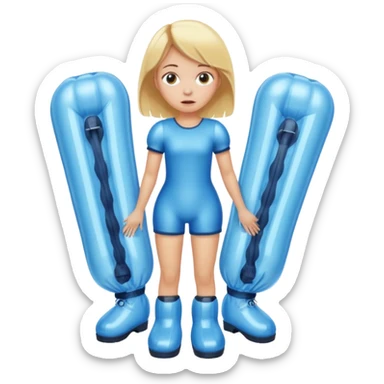 chica rubia con cara de miedo con unas botas  de presoterapia inflables sticker