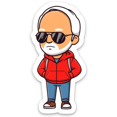 middle-aged 50-year-old man with slight wrinkles, aviator sunglasses, wearing a red hoodie sticker